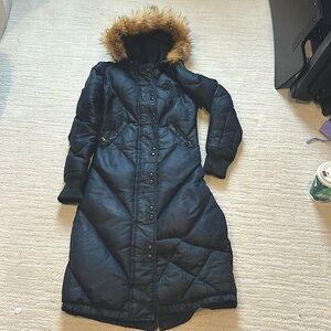 Roca Wear Womens Black Down Puffer Trench Coat down-fill Lined fur Hood Size XS